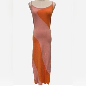 Chic 70s Style Colorblock Midi Dress in Pink and Orange